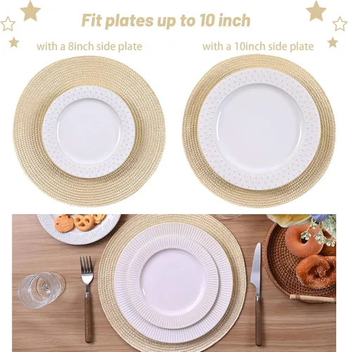 Miniatura 4 de Feuille Juego de 4 manteles individuales redondos trenzados para mesa de comedor, tejidos, lavables, antideslizantes, 13.5 pulgadas