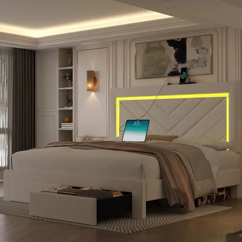 Miniatura 5 de Base de cama tamaño Queen con cabecera ajustable y cajón de almacenamiento, marco de cama tapizado Queen con luces LED RGB y estación de carga