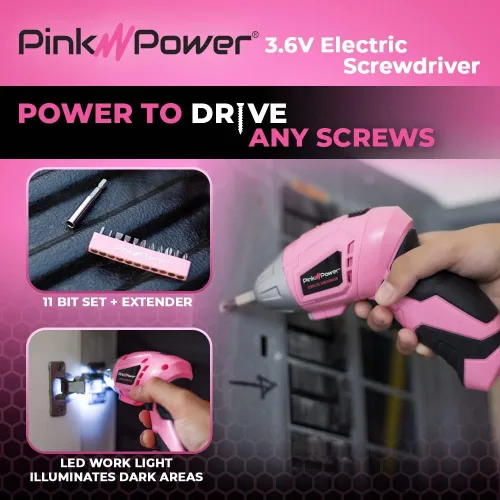 Miniatura 5 de Pink Power PP481, Juego de desarmador eléctrico inalámbrico de 4.8 voltios para mujeres con cargador y brocas