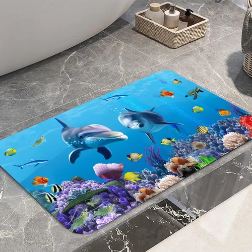 Miniatura 6 de LYFANS Alfombras absorbentes y antideslizantes para uso en cocina y baño, alfombrillas modernas de arte azul con delfín en 3D (61x41 cm)