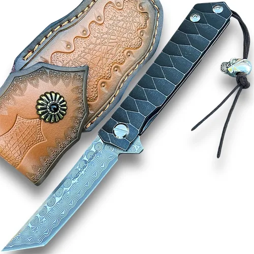 Miniatura 7 de Cuchillo plegable de bolsillo de Damasco, mango de titanio sólido Tc4, hoja Tanto de acero Damasco VG10 multicapa de 67 capas (Saint DXT)