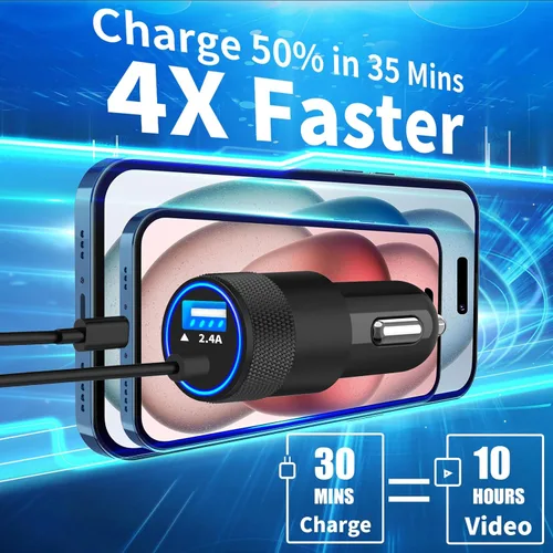 Miniatura 3 de 【Certificado MFi】Cargador rápido para iPhone de 4.8 A, cargador de coche USB dual Caiinei de 4.8 A, carga rápida, cable Lightning integrado de 6