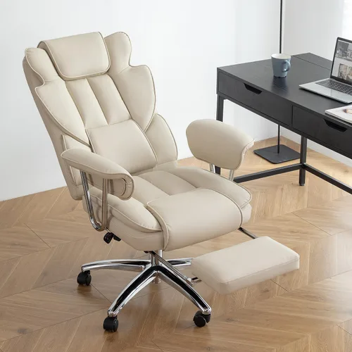 Miniatura 8 de Silla de oficina de piel sintética totalmente reclinable y cómoda silla de oficina grande y alta, 500 libras con reposapiés, ruedas y brazos Beige