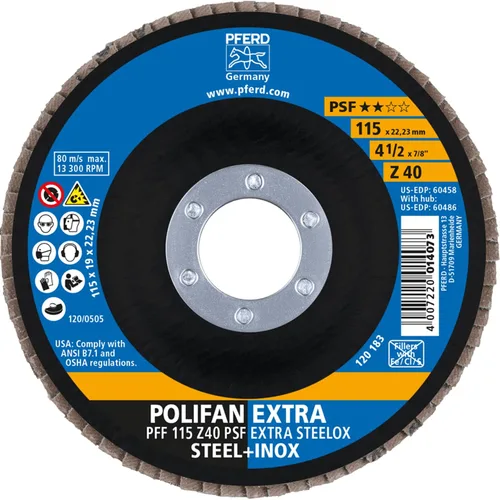 Miniatura 2 de PFERD POLIFAN® Disco Flap 4-1/2" x 7/8" Plano PSF-Extra, Circonita, Grano 40 (Paquete de 1) - Parte 60458