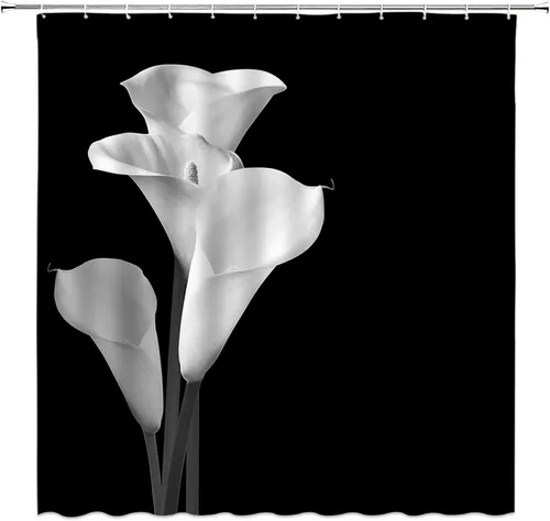 Miniatura 5 de Cortina de ducha floral negra elegante tulipán negro blanco y negro, diseño moderno de impresión artística única, juego de decoración de baño