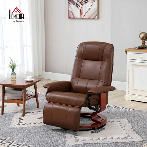 Miniatura 2 de HOMCOM Sillón reclinable manual de piel sintética, silla de salón ajustable con reposapiés, apoyabrazos y base de madera envuelta para sala de Marrón