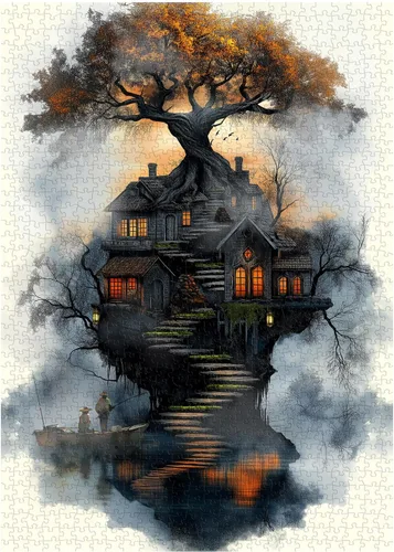 Miniatura 2 de Rompecabezas de casa del árbol de fantasía para adultos de 1000 piezas, rompecabezas de arte de árbol natural con cabaña de bosque, cielo al