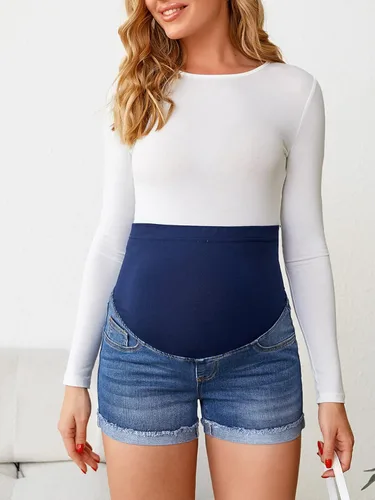 Miniatura 3 de Verdusa Pantalones cortos de mezclilla de maternidad para mujer, cintura alta, rasgados, dobladillo sin procesar, pantalones cortos de embarazo