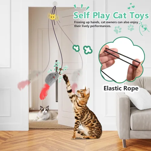 Miniatura 3 de FYNIGO Juguetes para gatos, paquete de 2 juguetes para gatos colgantes en la puerta con sonido chirriante, no requiere baterías, juguetes
