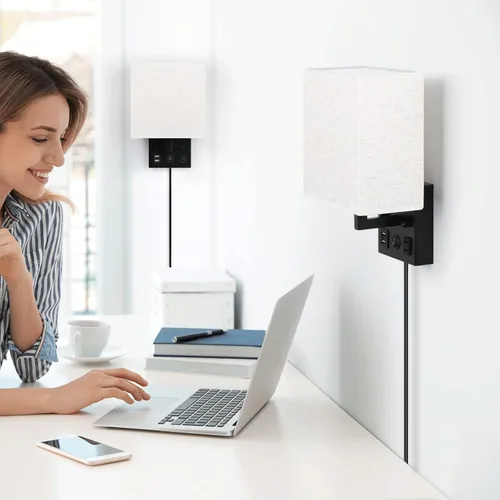 Miniatura 4 de CADUKE Juego de 2 lámparas de pared para mesita de noche, aplique de pared enchufable con puerto de carga USB y salida de CA, lámpara de pared Negro