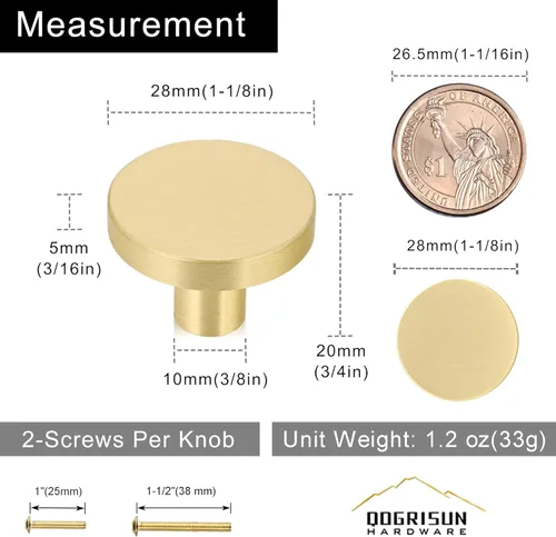 Miniatura 3 de QOGRISUN Paquete de 25 pomos dorados para gabinete, pomos de latón macizo para cajones de tocador, accesorios de cocina redondos de latón cepillado