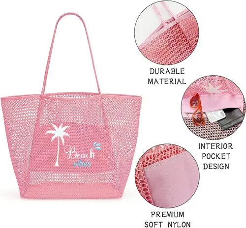 Miniatura 5 de ukia Bolsa de playa de malla, bolsas de playa de gran capacidad para mujer, bolsa de playa plegable con bolsillo con cremallera