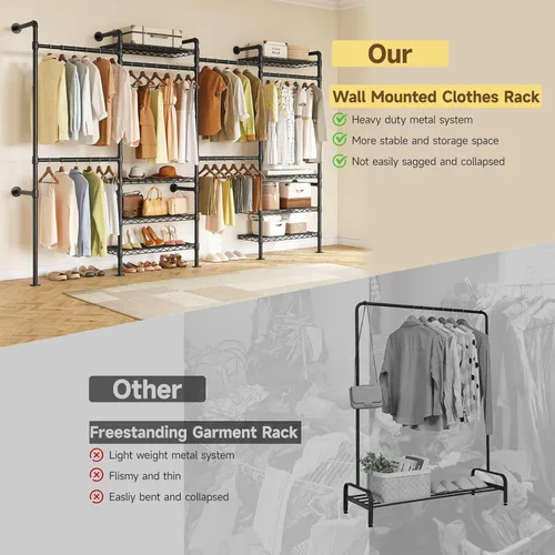 Miniatura 7 de ONBRILL H4 Sistema de Clóset Montado en Pared, Perchero de Tubería Industrial Expandible para Colgar Ropa, Organizadores de Clóset y Almacenamiento