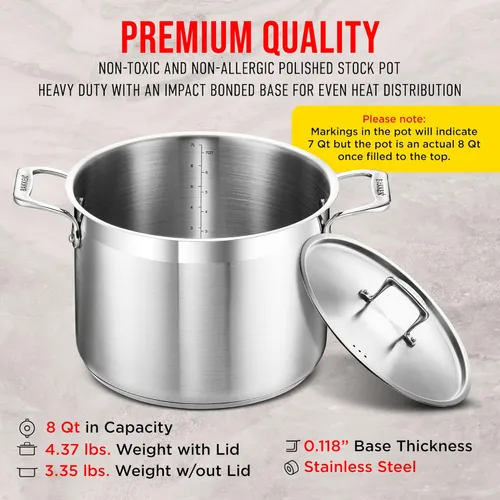 Miniatura 6 de Olla de acero inoxidable con tapa de 8 cuartos, acero inoxidable 18/8 duradero, base con unión por impacto para un calentamiento uniforme, asas