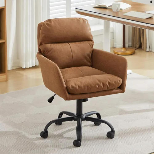 Miniatura 9 de YISHENG Silla de escritorio de piel sintética para oficina en casa, silla giratoria ajustable para computadora con ruedas y brazos, cómoda silla