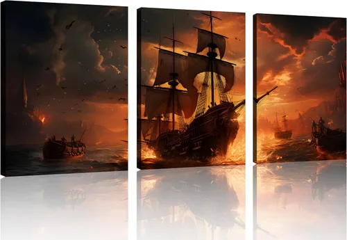 Miniatura 33 de TutuBeer 3 Piezas Arte de Pared Batalla Naval Barco Imagen Barco Pirata Velero Póster Barco Pirata Azul en Llamas Imagen Impresa en Lienzo Póster