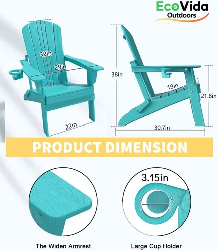 Miniatura 8 de Juego de sillas plegables Adirondack de 3 piezas, respaldo extra alto de 38 pulgadas y grano de madera en relieve, muebles de patio de polietileno
