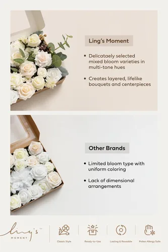 Miniatura 8 de Ling's moment Caja de Flores Falsas, Tallos de Vegetación Artificial Falsa Rosas de Espuma Dalias de Seda Hojas de Rosa Flor de Tela para Centros