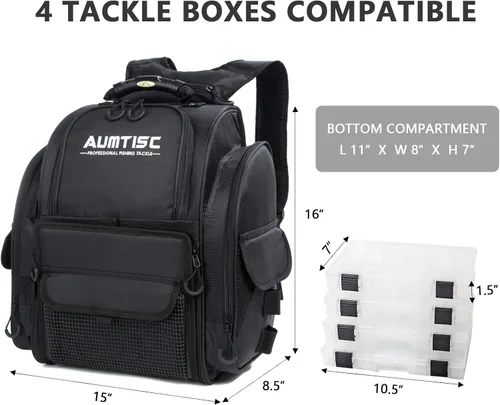 Miniatura 2 de AUMTISC Mochila para aparejos de pesca para hombres con 4 cajas de aparejos, 2 soportes para cañas, cubierta para lluvia, bolsas de equipo de pesca