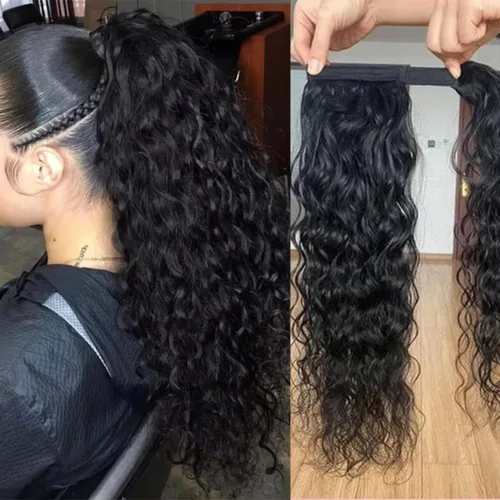 Miniatura 17 de Cola de caballo de cabello humano rizado con cordón brasileño Remy Extensin 3C Kinky Curly Hair Clip en pieza de pelo color natural sedoso suave 10