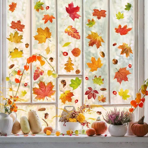 Miniatura 6 de YUJUN 6 hojas de calcomanías de ventana de otoño de Acción de Gracias, hojas de arce, conos de pino, calcomanías para ventana de vidrio de otoño