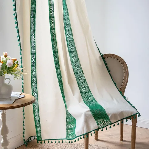 Miniatura 25 de Deeprove Cortinas bohemias para dormitorio, rayas huecas de ganchillo crema y estampado floral, tela de lino de algodón, con borlas beige bohemias