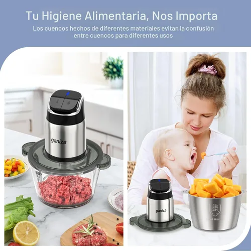 Miniatura 5 de Ganiza Procesador de alimentos, picadora de alimentos y moledora de carne de 2 velocidades con tazones de 8 tazas de acero inoxidable y 8 tazas