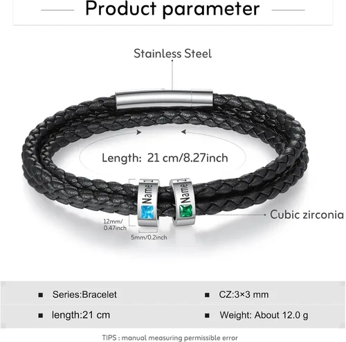 Miniatura 5 de Pulsera personalizada para el Día del Padre para hombre, pulseras personalizadas de cuero trenzado negro con cuentas grabadas de 1 a 8 nombres