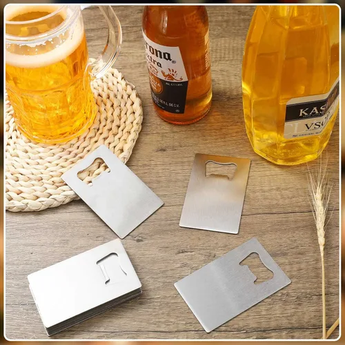 Miniatura 4 de Nuogo 100 abrebotellas de tarjetas de acero inoxidable, abrebotellas de metal a granel, abrelatas de cerveza para padrinos de boda, abrebotellas