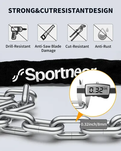 Miniatura 2 de Sportneer Candado para bicicleta: Candado de cadena de bicicleta de alta seguridad de 8mm de grosor con 2 llaves - 0.97/1.2 metros de largo, candado