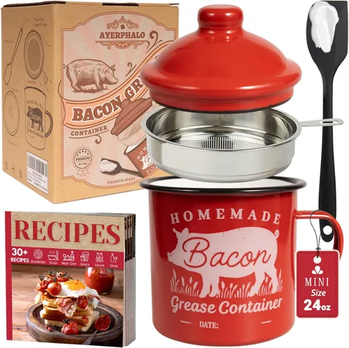 Miniatura 8 de Recipiente para grasa de tocino con colador - Con espátula de silicona de grado alimenticio de 24oz, recipiente rústico de grasa esmaltado