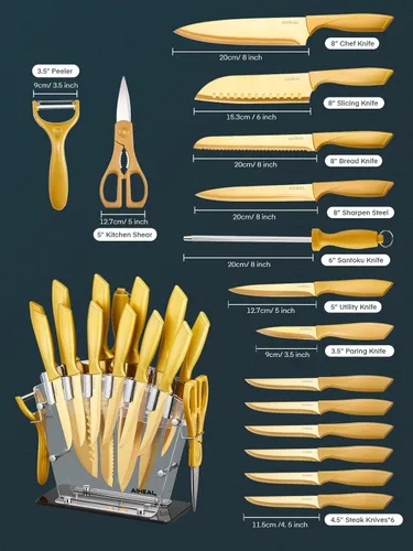 Miniatura 2 de Aiheal Juego de cuchillos de cocina, 16 piezas de acero inoxidable de alto carbono de color dorado, hoja con revestimiento de titanio, cuchillería