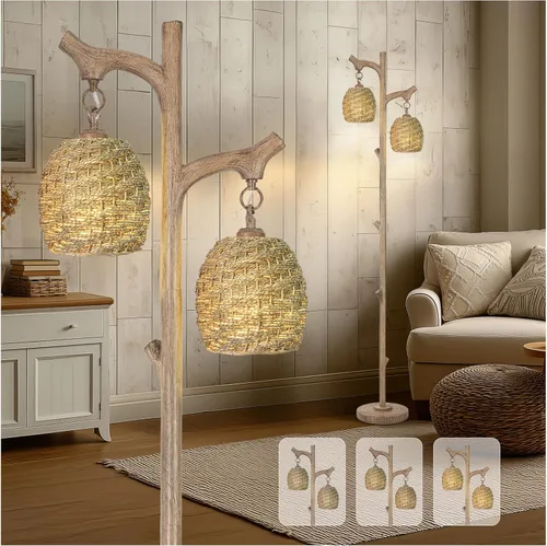Miniatura 8 de Scenekoy Lámpara de pie vintage de 68 pulgadas de alto con linternas, lámpara de pie retro con acabado de tronco de árbol y cuerpo de resina, Latón