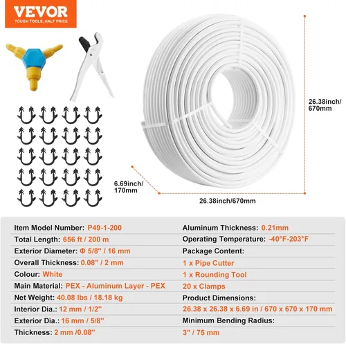 Miniatura 7 de VEVOR Tubo PEX radiante compuesto de aluminio y plástico de 656 pies - 5/8 pulgadas de diámetro, 0.08 pulgadas de grosor, barrera de oxígeno, capa
