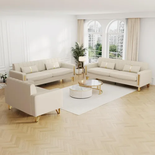 Miniatura 10 de Sofá cama modular de tela de terciopelo de 85.62 pulgadas, 3 asientos, fácil de montar con 2 almohadas de sofá, patas de metal dorado para sala