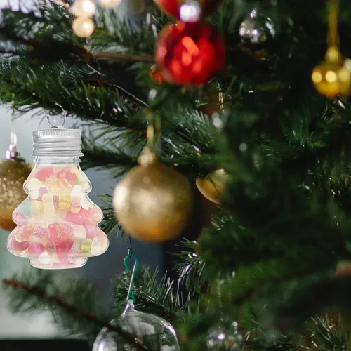 Miniatura 9 de HOMSFOU 10 botellas de caramelo con forma de árbol de Navidad con tapas plateadas, recipientes rellenables para mascotas para golosinas navideñas