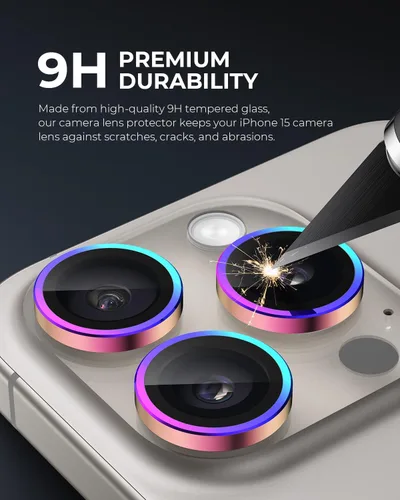 Miniatura 3 de UARMOR - Protector de lente de cámara para iPhone 15 Pro y 15 Pro Max, vidrio templado 9H y anillo de aluminio delgado, ultra HD transparente, kit