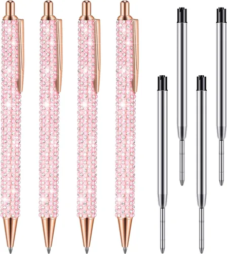 Miniatura 17 de Ireer 4 bolígrafos brillantes de diamantes de imitación para mujer, bolígrafo de tinta de metal con purpurina de cristal con 4 recambios de 0.039