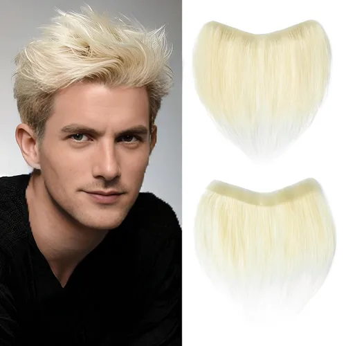Miniatura 18 de Extensión frontal de cabello rubio claro para hombres, extensión de cabello lacio con pérdida de línea de cabello humano con cinta adhesiva