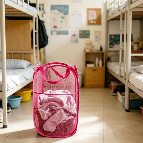 Miniatura 7 de Larpur Cesta desplegable para lavandería, plegable, portátil, de malla, con asas de transporte reforzadas (rosa)