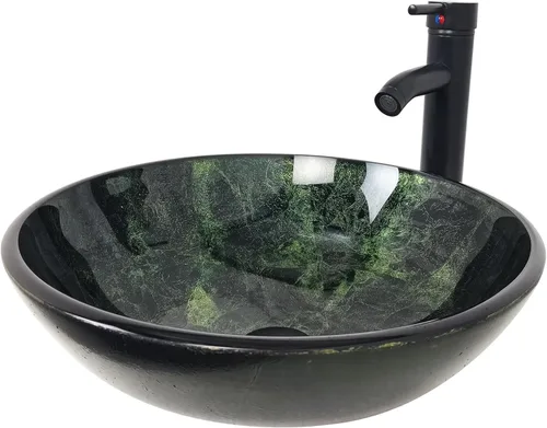 Lavabo de Recipiente 16.5" Lavabos de Baño Vidrio Templado Verde Lavabo de Arte Cuenco Redondo con Combo de Grifo Verde, Lavabo de Encimera para