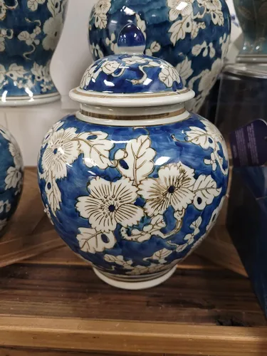 Miniatura 6 de Galt International Tarro de jengibre chinoiserie de flores azules y blancas de 10 pulgadas con tapa, tarro de jengibre, almacenamiento de té
