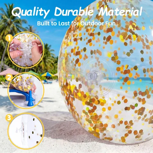 Miniatura 3 de FUTUREPLUSX Pelotas de playa con purpurina de 16 pulgadas, 2 bolas de piscina inflables con confeti dorado para niños, cumpleaños, verano, fiesta