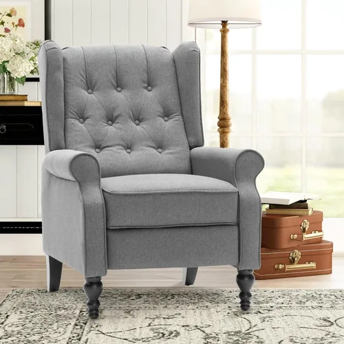 Miniatura 9 de Silla reclinable de ala de mediados de siglo para adultos, sillas reclinables modernas de tela de lino con respaldo acolchado con botones y Beige