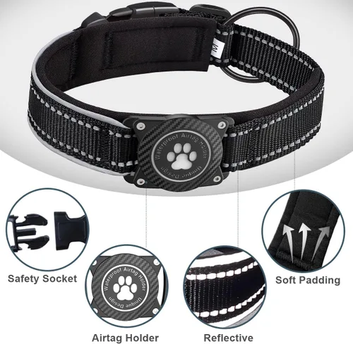Miniatura 4 de Collar para perro Airtag con soporte impermeable para AirTag, luminoso reflectante, acolchado suave, collar de nailon ajustable para perros Negro