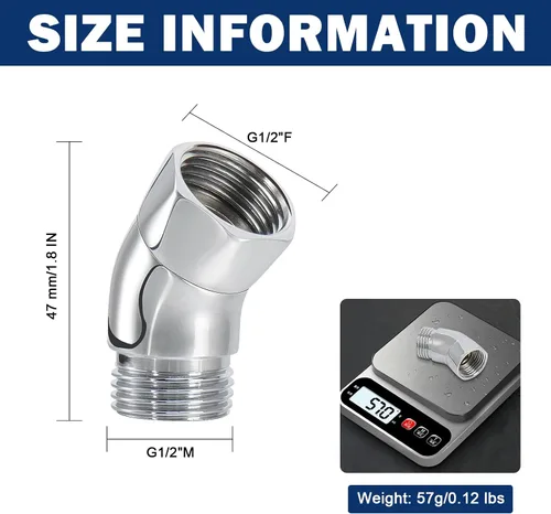 Miniatura 2 de NearMoon Adaptador de codo de ducha para cabezal de ducha, latón macizo de 45 ° G1/2 macho a hembra, conector de extensión de brazo de ducha, cromo