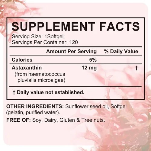 Miniatura 7 de Suplementos de astaxantina, astaxantina 12 mg, 120 cápsulas blandas antioxidante Astaxantina Suplemento para la salud ocular, piel, articulaciones e