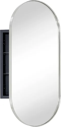 Miniatura 10 de Botiquín de baño empotrado ovalado de oro cepillado con espejo de acero inoxidable con marco de metal oblongo, en forma de píldora, gabinete de baño
