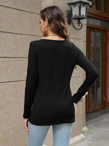 Miniatura 4 de Micticsi Camisetas de manga larga con cuello en V para mujer, camisetas de otoño de manga larga ajustadas