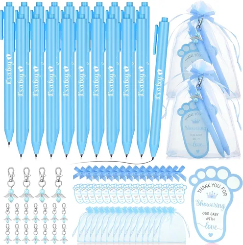 CTOSREE 250 piezas de recuerdos para bebés, incluye bolígrafos, llaveros de ángel, bolsos, tarjetas para baby shower, revelación de género (azul,